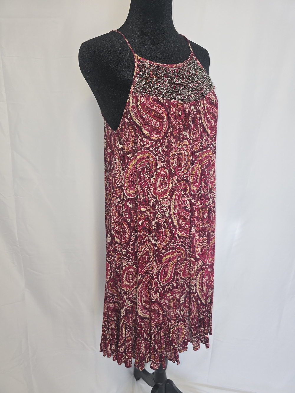 Altar'd State Maroon Paisley Beaded Halter Midi Dress